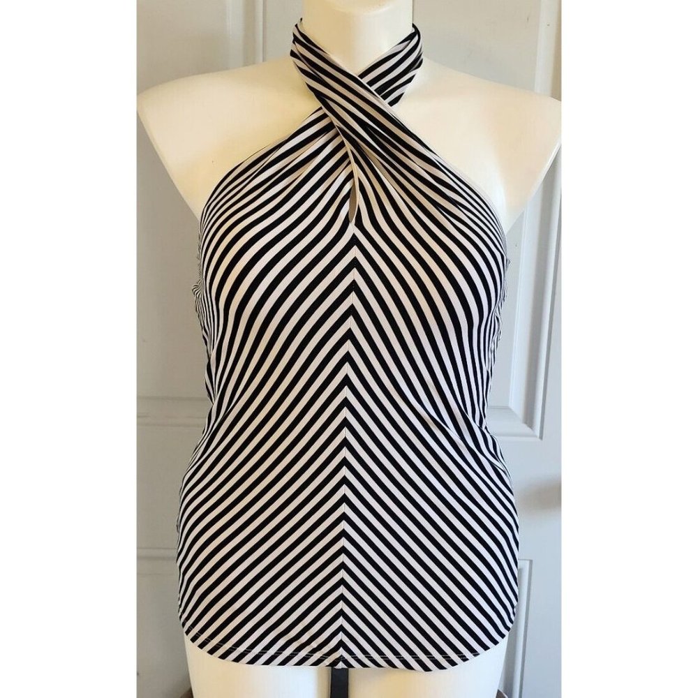 NEW Lauren Ralph Lauren Women's Halter Swim Top Black White Stripes Sz L $79.50